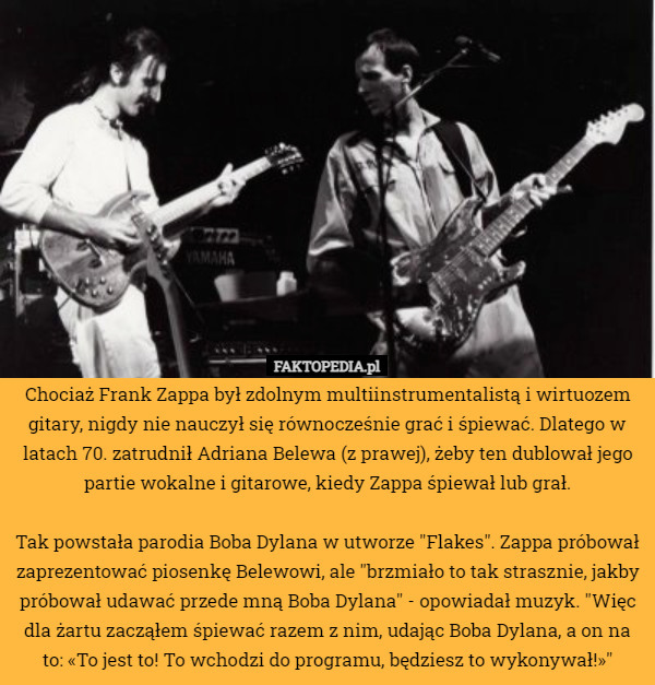 Chociaż Frank Zappa był zdolnym multiinstrumentalistą i wirtuozem gitary, nigdy nie nauczył się równocześnie grać i śpiewać. Dlatego w latach 70. zatrudnił Adriana Belewa (z prawej), żeby ten dublował jego partie wokalne i gitarowe, kiedy Zappa śpiewał lub grał.

Tak powstała parodia Boba Dylana w utworze "Flakes". Zappa próbował zaprezentować piosenkę Belewowi, ale "brzmiało to tak strasznie, jakby próbował udawać przede mną Boba Dylana" - opowiadał muzyk. "Więc dla żartu zacząłem śpiewać razem z nim, udając Boba Dylana, a on na to: «To jest to! To wchodzi do programu, będziesz to wykonywał!»" 