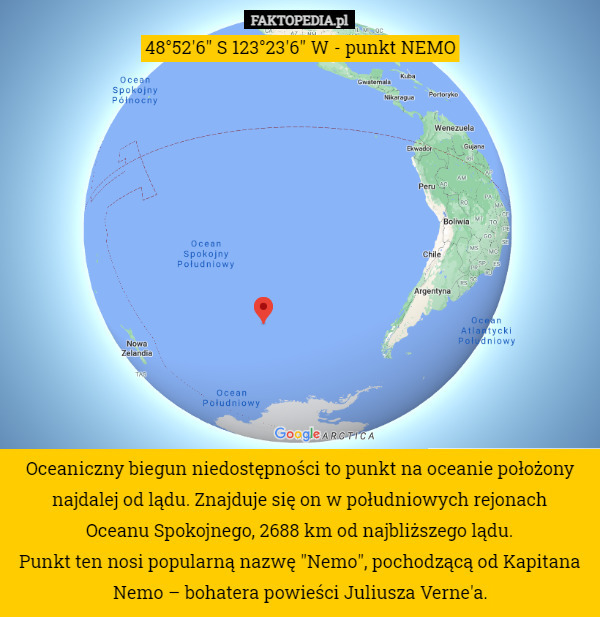 48°52'6" S 123°23'6" W - punkt NEMO Oceaniczny biegun niedostępności to punkt na oceanie położony najdalej od lądu. Znajduje się on w południowych rejonach
 Oceanu Spokojnego, 2688 km od najbliższego lądu.
Punkt ten nosi popularną nazwę "Nemo", pochodzącą od Kapitana Nemo – bohatera powieści Juliusza Verne'a. 