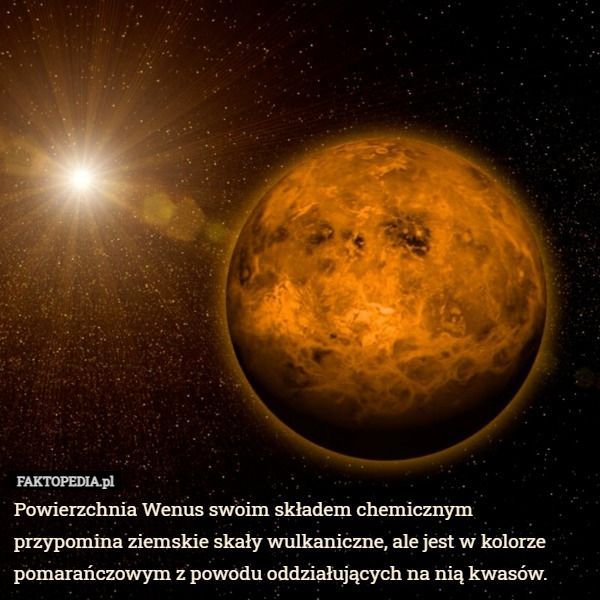 Powierzchnia Wenus swoim składem chemicznym przypomina ziemskie skały wulkaniczne, ale jest w kolorze pomarańczowym z powodu oddziałujących na nią kwasów. 