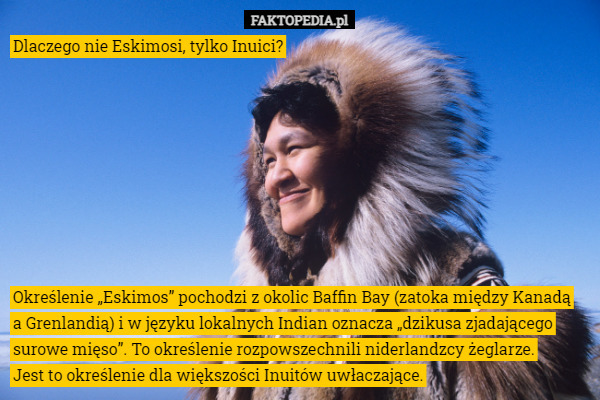 Dlaczego nie Eskimosi, tylko Inuici? Określenie „Eskimos” pochodzi z okolic Baffin Bay (zatoka między Kanadą
 a Grenlandią) i w języku lokalnych Indian oznacza „dzikusa zjadającego surowe mięso”. To określenie rozpowszechnili niderlandzcy żeglarze.
 Jest to określenie dla większości Inuitów uwłaczające. 