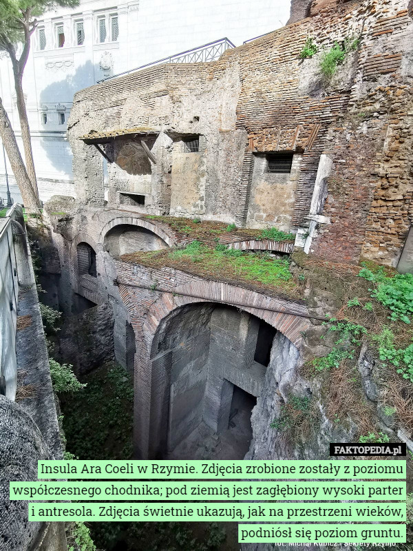 Insula Ara Coeli w Rzymie. Zdjęcia zrobione zostały z poziomu współczesnego chodnika; pod ziemią jest zagłębiony wysoki parter i antresola. Zdjęcia świetnie ukazują, jak na przestrzeni wieków, podniósł się poziom gruntu. 