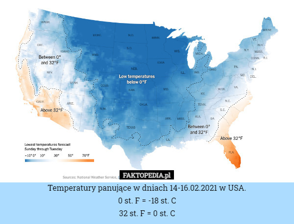 Temperatury panujące w dniach 14-16.02.2021 w USA.
0 st. F = -18 st. C
32 st. F = 0 st. C 