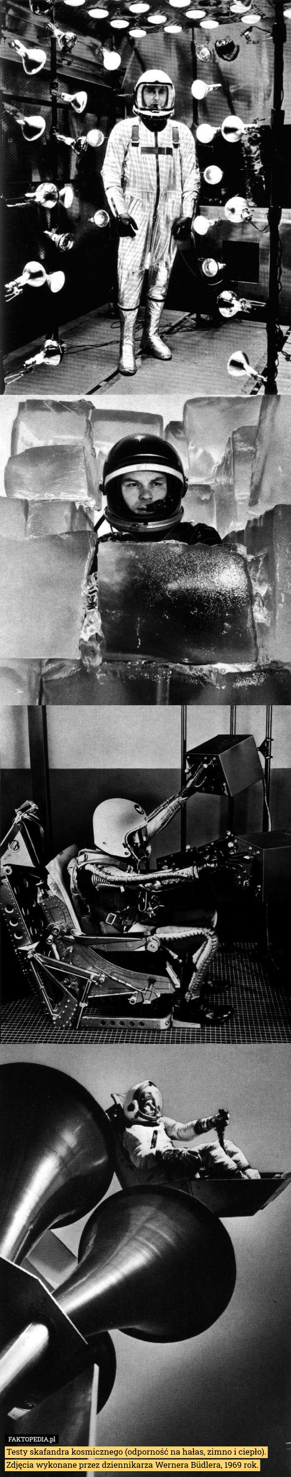 Testy skafandra kosmicznego (odporność na hałas, zimno i ciepło). Zdjęcia wykonane przez dziennikarza Wernera Büdlera, 1969 rok. 