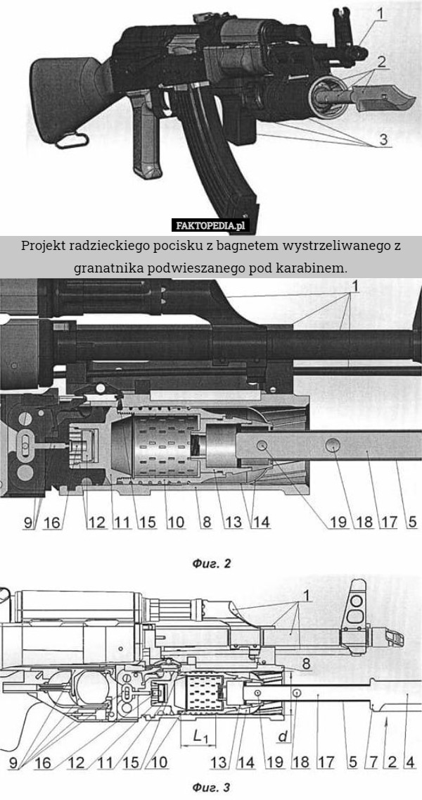 Projekt radzieckiego pocisku z bagnetem wystrzeliwanego z granatnika podwieszanego pod karabinem. 
