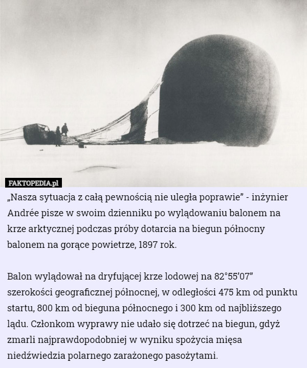 „Nasza sytuacja z całą pewnością nie uległa poprawie” - inżynier Andrée pisze w swoim dzienniku po wylądowaniu balonem na krze arktycznej podczas próby dotarcia na biegun północny balonem na gorące powietrze, 1897 rok.

Balon wylądował na dryfującej krze lodowej na 82°55’07’’ szerokości geograficznej północnej, w odległości 475 km od punktu startu, 800 km od bieguna północnego i 300 km od najbliższego lądu. Członkom wyprawy nie udało się dotrzeć na biegun, gdyż zmarli najprawdopodobniej w wyniku spożycia mięsa niedźwiedzia polarnego zarażonego pasożytami. 