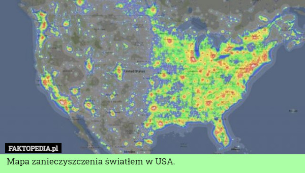 Mapa zanieczyszczenia światłem w USA. 