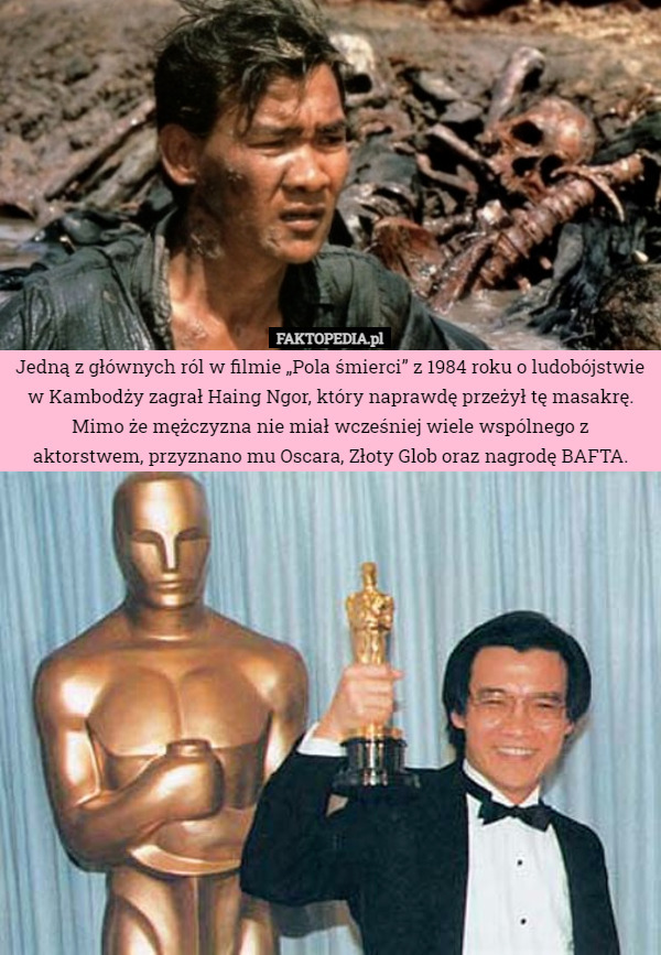 Jedną z głównych ról w filmie „Pola śmierci” z 1984 roku o ludobójstwie
w Kambodży zagrał Haing Ngor, który naprawdę przeżył tę masakrę.
Mimo że mężczyzna nie miał wcześniej wiele wspólnego z aktorstwem, przyznano mu Oscara, Złoty Glob oraz nagrodę BAFTA. 