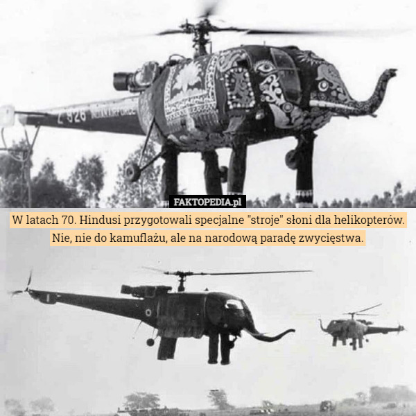 W latach 70. Hindusi przygotowali specjalne "stroje" słoni dla helikopterów. Nie, nie do kamuflażu, ale na narodową paradę zwycięstwa. 