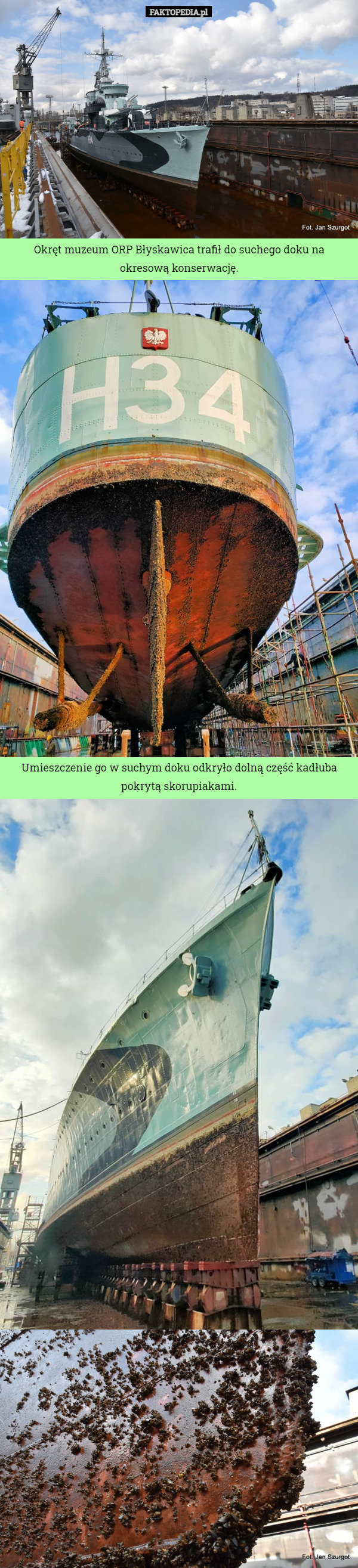 Okręt muzeum ORP Błyskawica trafił do suchego doku na okresową konserwację. Umieszczenie go w suchym doku odkryło dolną część kadłuba pokrytą skorupiakami. 