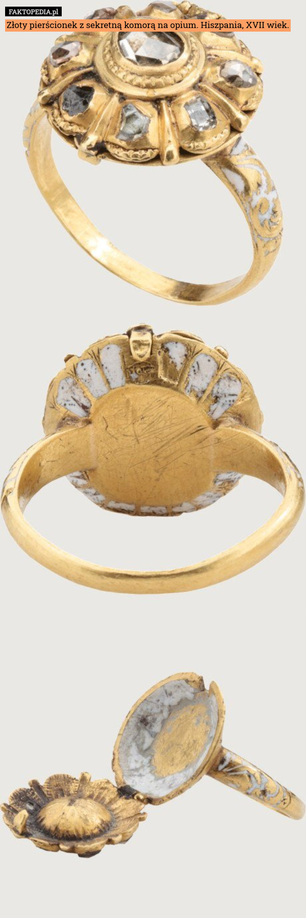 Złoty pierścionek z sekretną komorą na opium. Hiszpania, XVII wiek. 
