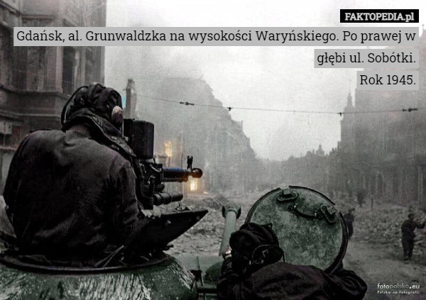 Gdańsk, al. Grunwaldzka na wysokości Waryńskiego. Po prawej w głębi ul. Sobótki.
Rok 1945. 