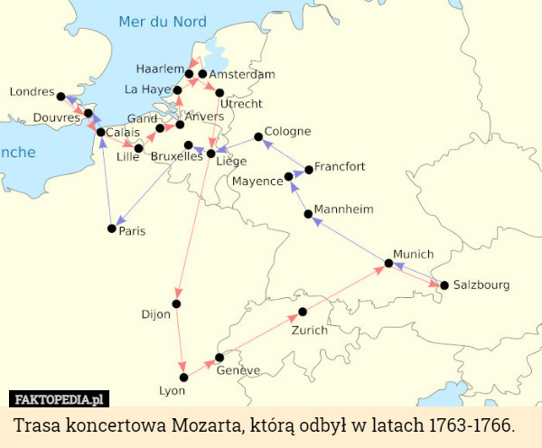 Trasa koncertowa Mozarta, którą odbył w latach 1763-1766. 