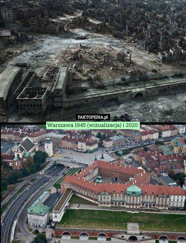 Warszawa 1945 (wizualizacja) i 2020. 