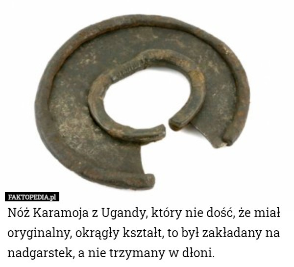 Nóż Karamoja z Ugandy, który nie dość, że miał oryginalny, okrągły kształt, to był zakładany na nadgarstek, a nie trzymany w dłoni. 