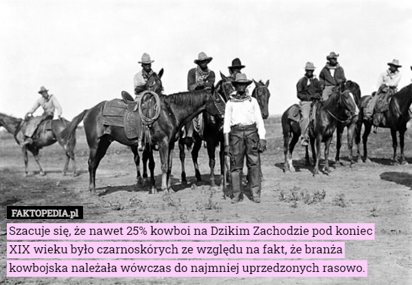 Szacuje się, że nawet 25% kowboi na Dzikim Zachodzie pod koniec
 XIX wieku było czarnoskórych ze względu na fakt, że branża kowbojska należała wówczas do najmniej uprzedzonych rasowo. 