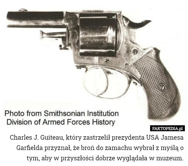 Charles J. Guiteau, który zastrzelił prezydenta USA Jamesa Garfielda przyznał, że broń do zamachu wybrał z myślą o tym, aby w przyszłości dobrze wyglądała w muzeum. 