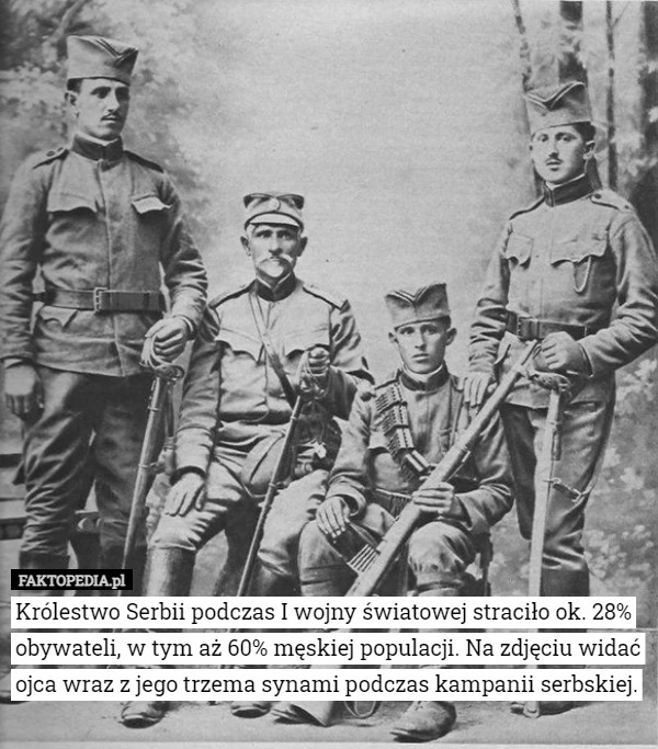 Królestwo Serbii podczas I wojny światowej straciło ok. 28% obywateli, w tym aż 60% męskiej populacji. Na zdjęciu widać ojca wraz z jego trzema synami podczas kampanii serbskiej. 