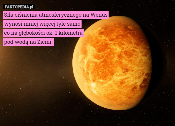 Siła ciśnienia atmosferycznego na Wenus
wynosi mniej więcej tyle samo
co na głębokości ok. 1 kilometra
pod wodą na Ziemi. 
