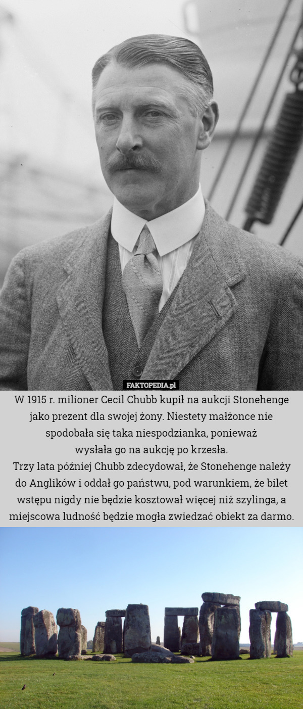 W 1915 r. milioner Cecil Chubb kupił na aukcji Stonehenge jako prezent dla swojej żony. Niestety małżonce nie spodobała się taka niespodzianka, ponieważ
 wysłała go na aukcję po krzesła.
Trzy lata później Chubb zdecydował, że Stonehenge należy do Anglików i oddał go państwu, pod warunkiem, że bilet wstępu nigdy nie będzie kosztował więcej niż szylinga, a miejscowa ludność będzie mogła zwiedzać obiekt za darmo. 