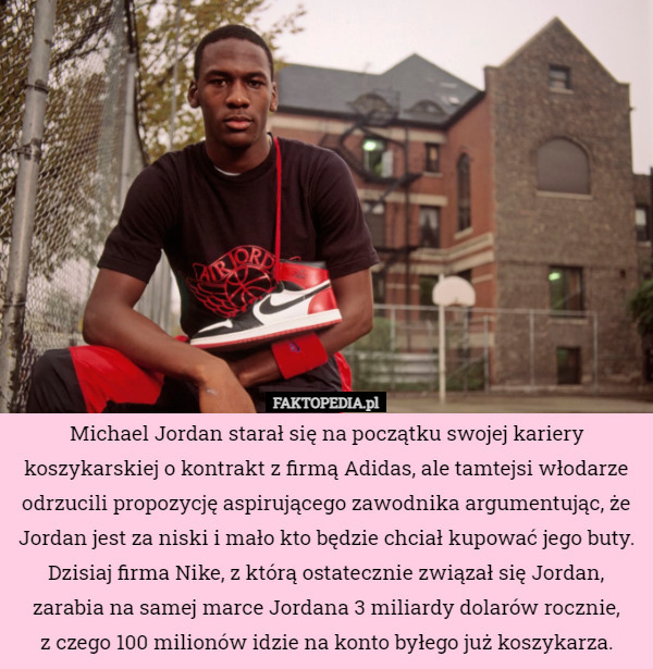 Michael Jordan starał się na początku swojej kariery koszykarskiej o kontrakt z firmą Adidas, ale tamtejsi włodarze odrzucili propozycję aspirującego zawodnika argumentując, że Jordan jest za niski i mało kto będzie chciał kupować jego buty. Dzisiaj firma Nike, z którą ostatecznie związał się Jordan, zarabia na samej marce Jordana 3 miliardy dolarów rocznie,
z czego 100 milionów idzie na konto byłego już koszykarza. 