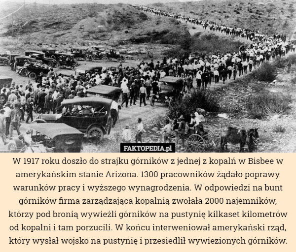 W 1917 roku doszło do strajku górników z jednej z kopalń w Bisbee w amerykańskim stanie Arizona. 1300 pracowników żądało poprawy warunków pracy i wyższego wynagrodzenia. W odpowiedzi na bunt górników firma zarządzająca kopalnią zwołała 2000 najemników, którzy pod bronią wywieźli górników na pustynię kilkaset kilometrów od kopalni i tam porzucili. W końcu interweniował amerykański rząd, który wysłał wojsko na pustynię i przesiedlił wywiezionych górników. 