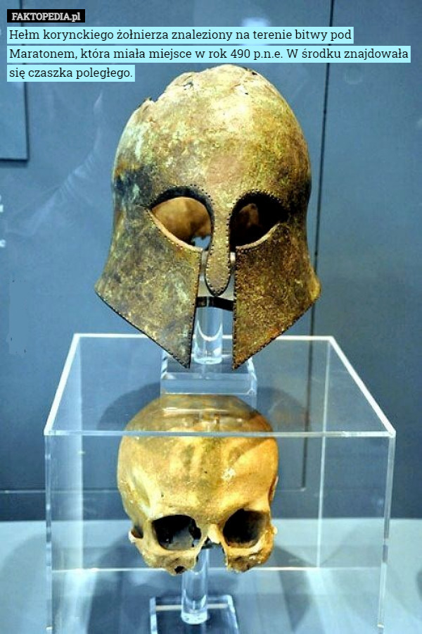 Hełm korynckiego żołnierza znaleziony na terenie bitwy pod Maratonem, która miała miejsce w rok 490 p.n.e. W środku znajdowała się czaszka poległego. 