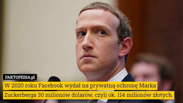 W 2020 roku Facebook wydał na prywatną ochronę Marka Zuckerberga 30 milionów dolarów, czyli ok. 114 milionów złotych. 