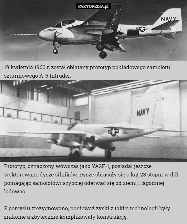 19 kwietnia 1960 r, został oblatany prototyp pokładowego samolotu szturmowego A-6 Intruder. Prototyp, oznaczony wówczas jako YA2F-1, posiadał jeszcze wektorowane dysze silników. Dysze obracały się o kąt 23 stopni w dół pomagając samolotowi szybciej oderwać się od ziemi i łagodniej lądować.

Z pomysłu zrezygnowano, ponieważ zyski z takiej technologii były znikome a zbytecznie komplikowały konstrukcję. 