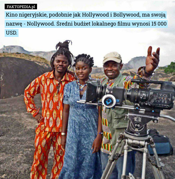 Kino nigeryjskie, podobnie jak Hollywood i Bollywood, ma swoją nazwę - Nollywood. Średni budżet lokalnego filmu wynosi 15 000 USD. 