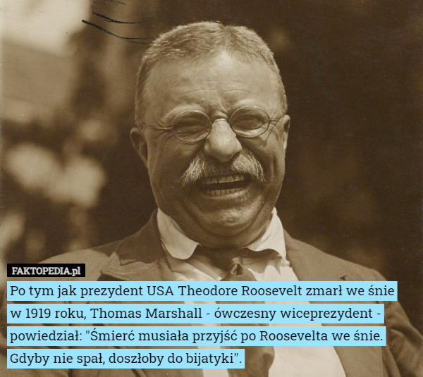 Po tym jak prezydent USA Theodore Roosevelt zmarł we śnie
 w 1919 roku, Thomas Marshall - ówczesny wiceprezydent - powiedział: "Śmierć musiała przyjść po Roosevelta we śnie. Gdyby nie spał, doszłoby do bijatyki". 