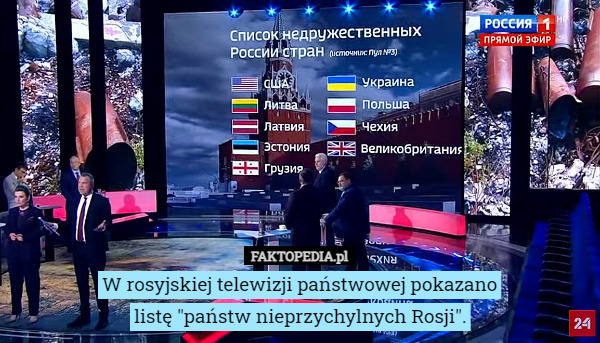 W rosyjskiej telewizji państwowej pokazano
listę "państw nieprzychylnych Rosji". 
