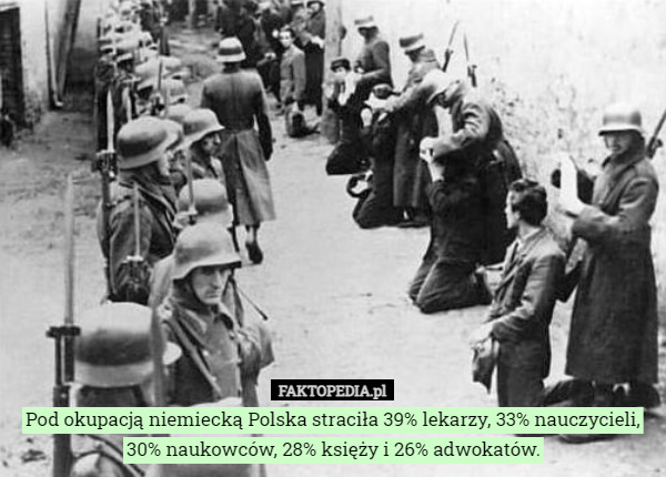 Pod okupacją niemiecką Polska straciła 39% lekarzy, 33% nauczycieli, 30% naukowców, 28% księży i 26% adwokatów. 