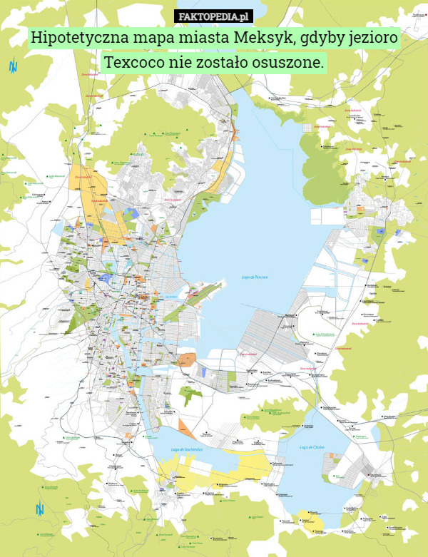 Hipotetyczna mapa miasta Meksyk, gdyby jezioro Texcoco nie zostało osuszone. 