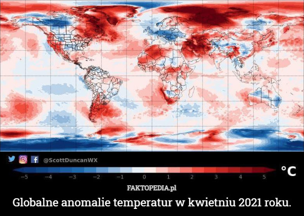 Globalne anomalie temperatur w kwietniu 2021 roku. 