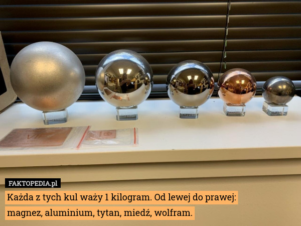 Każda z tych kul waży 1 kilogram. Od lewej do prawej:
magnez, aluminium, tytan, miedź, wolfram. 