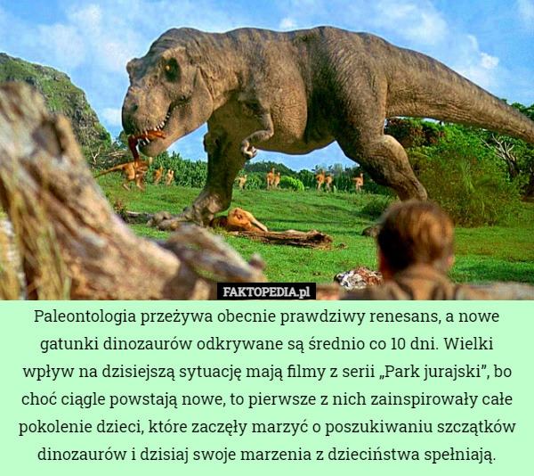 Paleontologia przeżywa obecnie prawdziwy renesans, a nowe gatunki dinozaurów odkrywane są średnio co 10 dni. Wielki wpływ na dzisiejszą sytuację mają filmy z serii „Park jurajski”, bo choć ciągle powstają nowe, to pierwsze z nich zainspirowały całe pokolenie dzieci, które zaczęły marzyć o poszukiwaniu szczątków dinozaurów i dzisiaj swoje marzenia z dzieciństwa spełniają. 