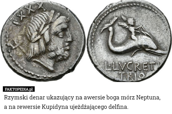 Rzymski denar ukazujący na awersie boga mórz Neptuna,
 a na rewersie Kupidyna ujeżdżającego delfina. 