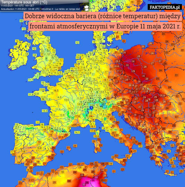 Dobrze widoczna bariera (różnice temperatur) między frontami atmosferycznymi w Europie 11 maja 2021 r. 