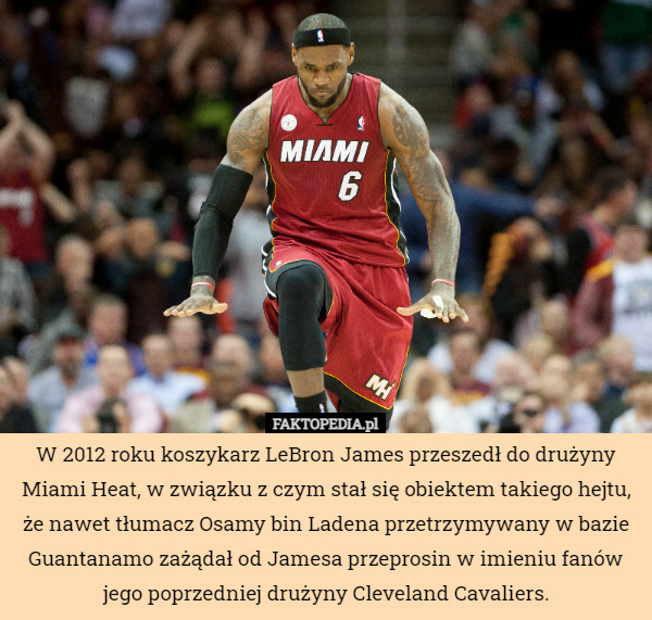 W 2012 roku koszykarz LeBron James przeszedł do drużyny Miami Heat, w związku z czym stał się obiektem takiego hejtu, że nawet tłumacz Osamy bin Ladena przetrzymywany w bazie Guantanamo zażądał od Jamesa przeprosin w imieniu fanów jego poprzedniej drużyny Cleveland Cavaliers. 