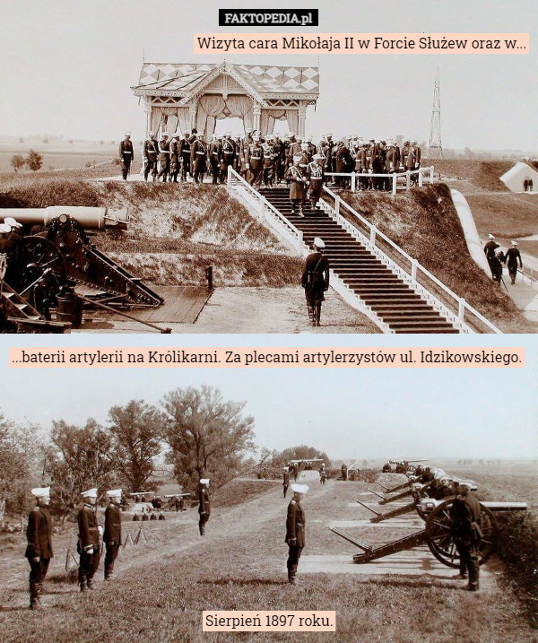 Wizyta cara Mikołaja II w Forcie Służew oraz w... ...baterii artylerii na Królikarni. Za plecami artylerzystów ul. Idzikowskiego. Sierpień 1897 roku. 