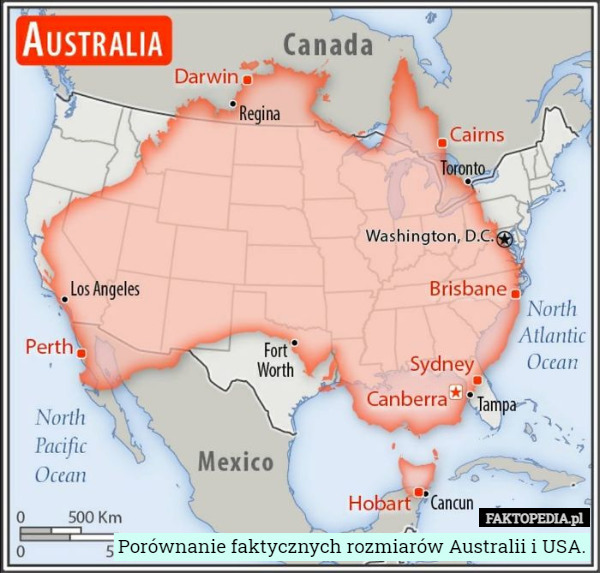 Porównanie faktycznych rozmiarów Australii i USA. 