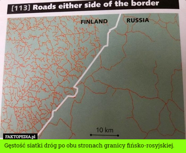 Gęstość siatki dróg po obu stronach granicy fińsko-rosyjskiej. 