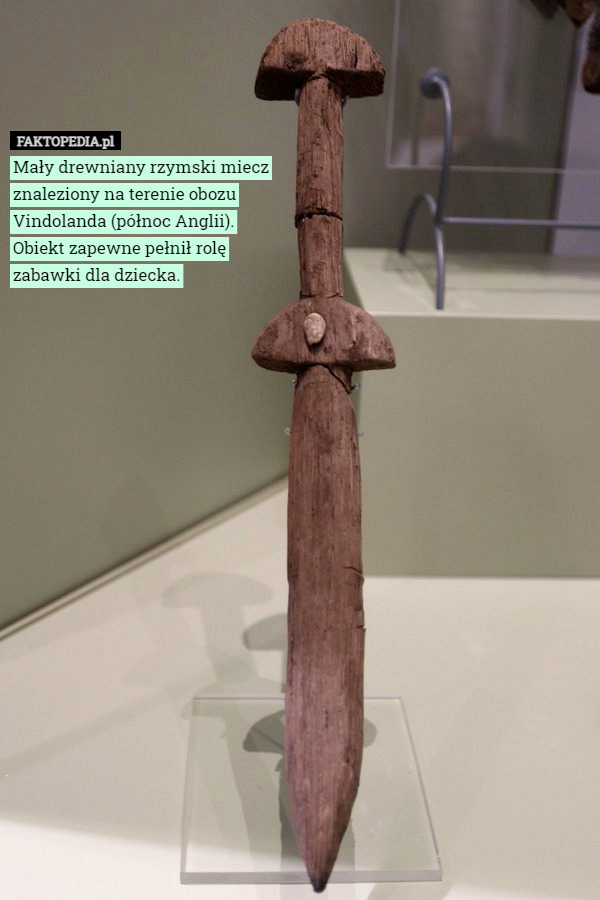 Mały drewniany rzymski miecz znaleziony na terenie obozu Vindolanda (północ Anglii). Obiekt zapewne pełnił rolę zabawki dla dziecka. 