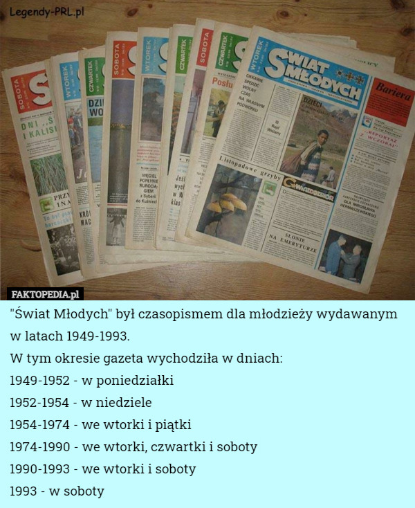 "Świat Młodych" był czasopismem dla młodzieży wydawanym w latach 1949-1993.
W tym okresie gazeta wychodziła w dniach:
1949-1952 - w poniedziałki
1952-1954 - w niedziele
1954-1974 - we wtorki i piątki
1974-1990 - we wtorki, czwartki i soboty
1990-1993 - we wtorki i soboty
1993 - w soboty 