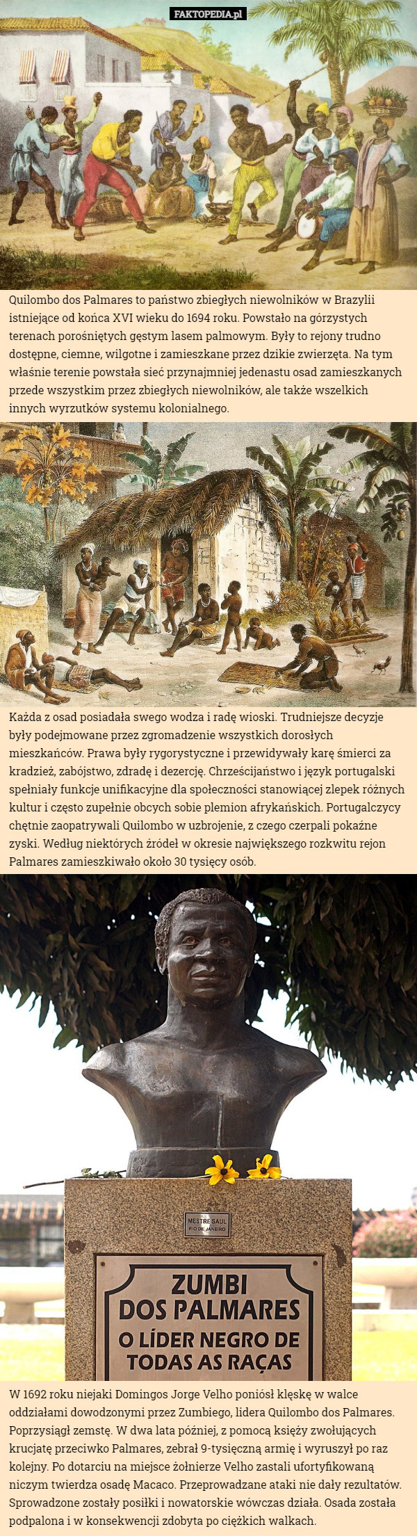 Quilombo dos Palmares to państwo zbiegłych niewolników w Brazylii istniejące od końca XVI wieku do 1694 roku. Powstało na górzystych terenach porośniętych gęstym lasem palmowym. Były to rejony trudno dostępne, ciemne, wilgotne i zamieszkane przez dzikie zwierzęta. Na tym właśnie terenie powstała sieć przynajmniej jedenastu osad zamieszkanych przede wszystkim przez zbiegłych niewolników, ale także wszelkich innych wyrzutków systemu kolonialnego. Każda z osad posiadała swego wodza i radę wioski. Trudniejsze decyzje były podejmowane przez zgromadzenie wszystkich dorosłych mieszkańców. Prawa były rygorystyczne i przewidywały karę śmierci za kradzież, zabójstwo, zdradę i dezercję. Chrześcijaństwo i język portugalski spełniały funkcje unifikacyjne dla społeczności stanowiącej zlepek różnych kultur i często zupełnie obcych sobie plemion afrykańskich. Portugalczycy chętnie zaopatrywali Quilombo w uzbrojenie, z czego czerpali pokaźne zyski. Według niektórych źródeł w okresie największego rozkwitu rejon Palmares zamieszkiwało około 30 tysięcy osób. W 1692 roku niejaki Domingos Jorge Velho poniósł klęskę w walce oddziałami dowodzonymi przez Zumbiego, lidera Quilombo dos Palmares. Poprzysiągł zemstę. W dwa lata później, z pomocą księży zwołujących krucjatę przeciwko Palmares, zebrał 9-tysięczną armię i wyruszył po raz kolejny. Po dotarciu na miejsce żołnierze Velho zastali ufortyfikowaną niczym twierdza osadę Macaco. Przeprowadzane ataki nie dały rezultatów. Sprowadzone zostały posiłki i nowatorskie wówczas działa. Osada została podpalona i w konsekwencji zdobyta po ciężkich walkach. 