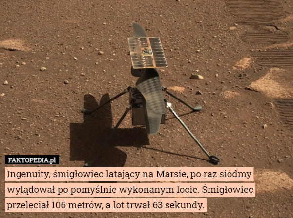 Ingenuity, śmigłowiec latający na Marsie, po raz siódmy wylądował po pomyślnie wykonanym locie. Śmigłowiec przeleciał 106 metrów, a lot trwał 63 sekundy. 