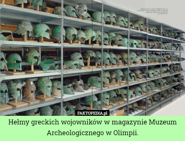 Hełmy greckich wojowników w magazynie Muzeum Archeologicznego w Olimpii. 