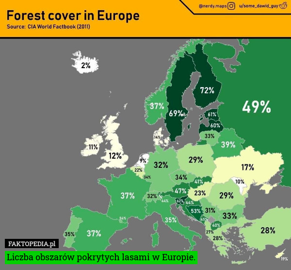 Liczba obszarów pokrytych lasami w Europie. 