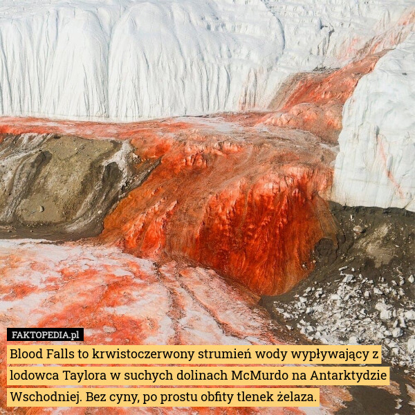 Blood Falls to krwistoczerwony strumień wody wypływający z lodowca Taylora w suchych dolinach McMurdo na Antarktydzie Wschodniej. Bez cyny, po prostu obfity tlenek żelaza. 