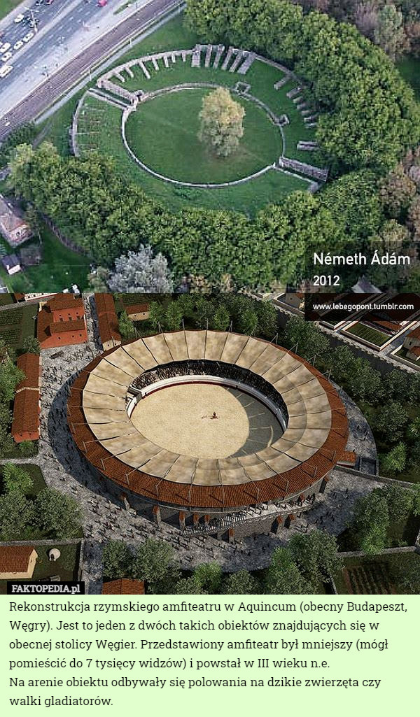 Rekonstrukcja rzymskiego amfiteatru w Aquincum (obecny Budapeszt, Węgry). Jest to jeden z dwóch takich obiektów znajdujących się w obecnej stolicy Węgier. Przedstawiony amfiteatr był mniejszy (mógł pomieścić do 7 tysięcy widzów) i powstał w III wieku n.e.
Na arenie obiektu odbywały się polowania na dzikie zwierzęta czy walki gladiatorów. 